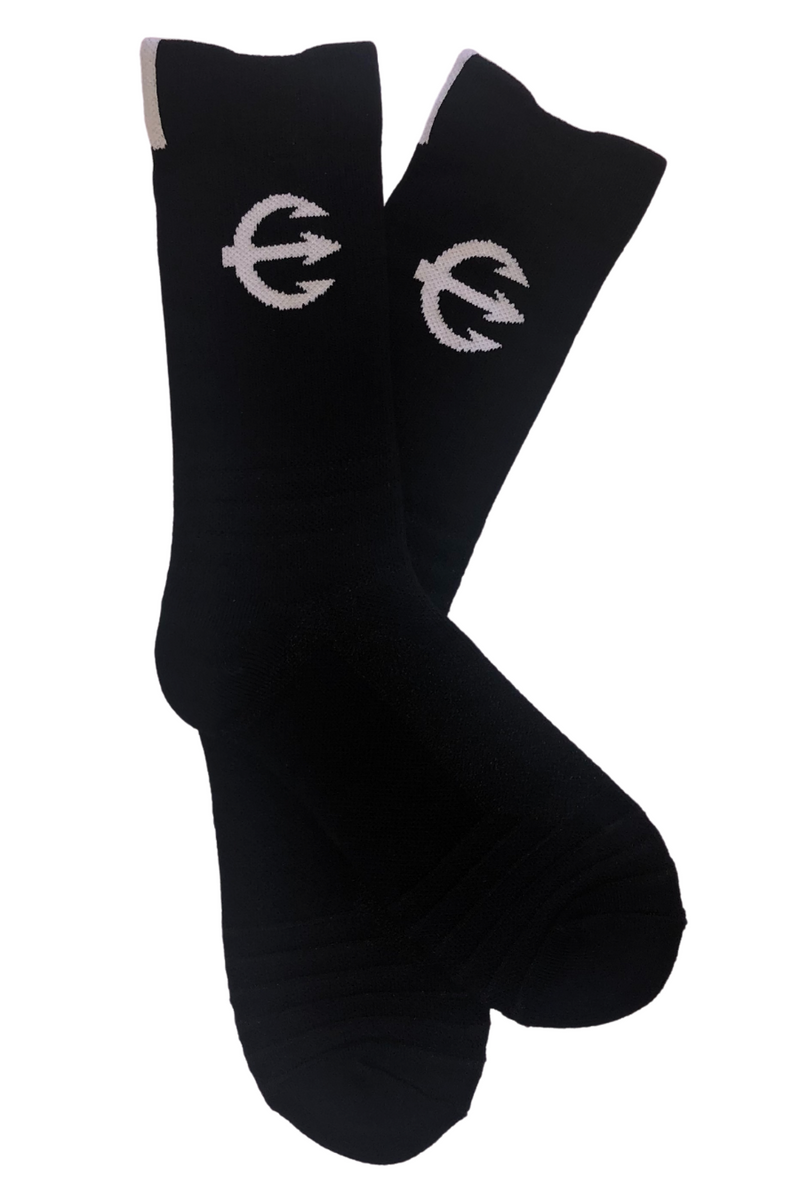 Black neptune athletics crew socks with white trident logo