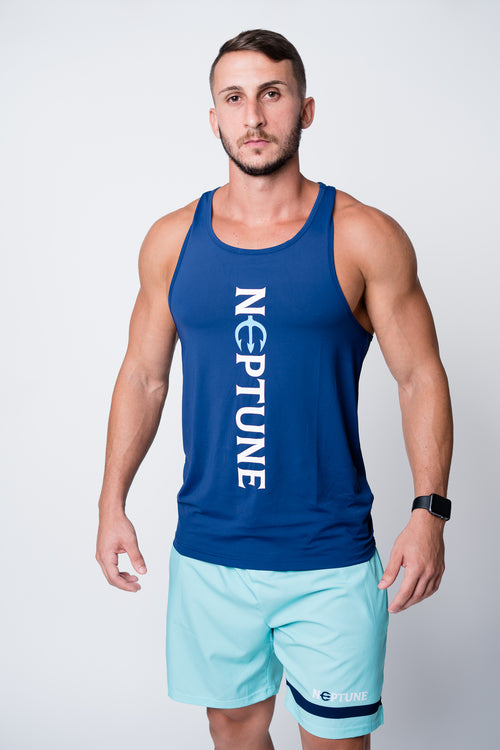 Mens blue neptune athletics tank top with neptune logo center and vertical