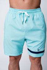 Mens neptune athletics seafoam green shorts with neptune logo and stripe on front left short