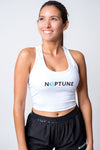 Womens white crop top with neptune logo on center