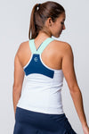 Neptune athletics white tank top with navy blue color block on back with mint trident and mint elastic straps