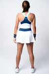Neptune athletics white tank top with navy blue color block on back with mint trident and mint elastic straps