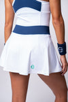 Neptune athletics white tennis skirt with navy blue waistband and mint trident logo on back bottom right corner