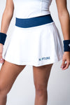 Neptune athletics white tennis skirt with navy blue waistband and neptune logo on bottom left corner