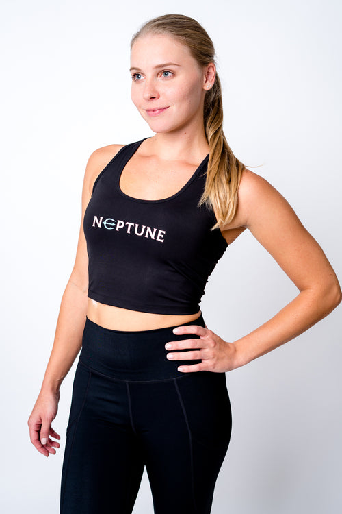 Womens black crop top with neptune logo on center