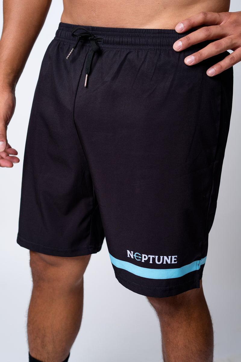 Neptune athletics mens black shorts with neptune logo and stripe on left short