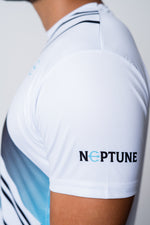 White with blue and black stripes neptune athletics competition sleeve with neptune written