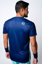Navy with mint and white stripes neptune athletics competition tee back with mint trident on right shoulder blade