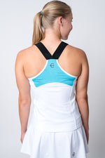Neptune athletics white tank top with light blue color block on back with black trident and black elastic straps