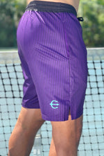 Neptune Athletics men's purple competition shorts, pinstriped with black waistband