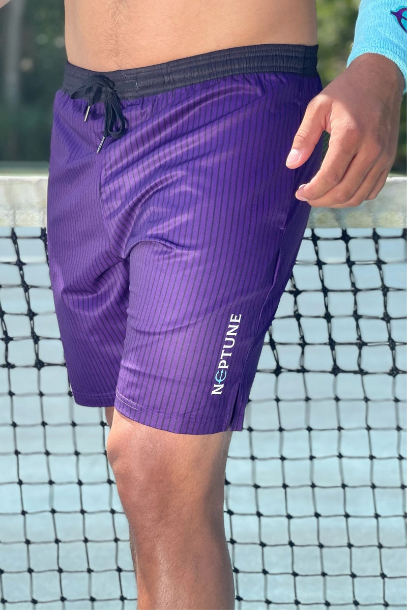 Neptune Athletics men's purple competition shorts, pinstriped with black waistband