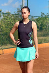 Neptune Athletics black tennis competition tank with mint flower design on left hem and mint challenge tennis skirt