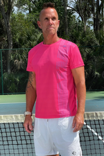 Neptune Pink Hydro-lite crew t-shirt with trident logo on left shoulder and hidden trident within dots