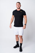 Mens white neptune athletics shorts with trident on front left leg full body
