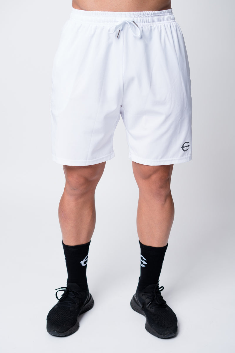 Mens white neptune athletics shorts with trident on front left leg